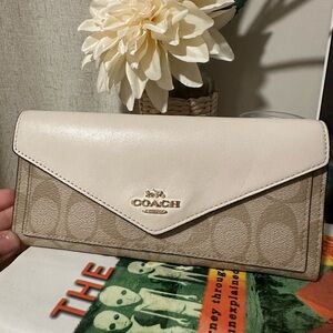 COACH SIGNATURE ENVELOPE CANVAS LEATHER WALLET  CHALK WHITE LT KHAKI